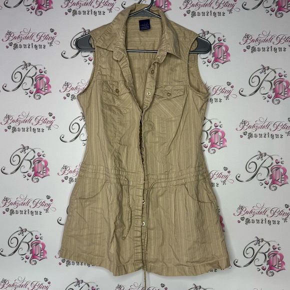 bum equipment Dresses & Skirts - Bum equipment dress cargo beige tan button up waist tie cinch y2k retro